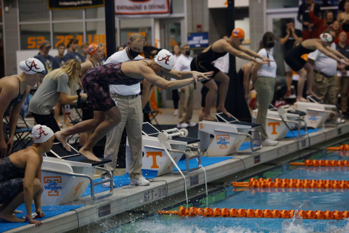 Kalia Antoniou in the women’s 200 medley relay at the SEC Championships